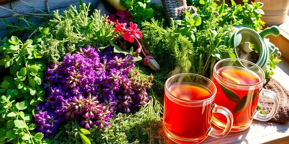 A variety of Greek herbs and herbal tea cups.